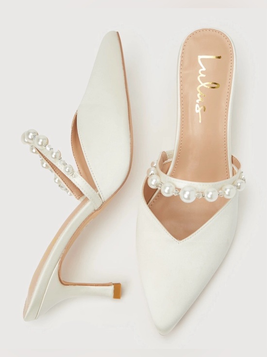 Lulus Shoes - Lulus Daryll White Satin Pearl Pointed-Toe
Mule Pumps